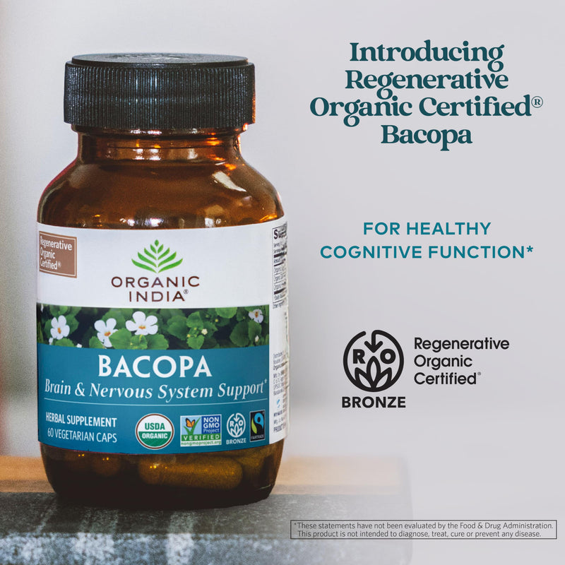 [Australia] - ORGANIC INDIA Bacopa Supplement - Bacopa Monnieri Organic, Brain, Focus, & Memory Support for Women & Men, Ayurvedic Herbs, Non GMO, Fairtrade Certified - 60 Vegan Capsules 