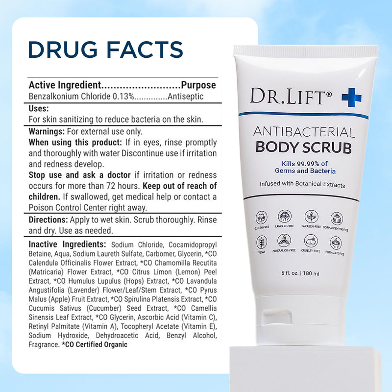 Antibacterial Body Scrub, Botanical Exfoliating Formula, 6 Fl Oz | With Vitamin E, Vitamin A, Lavender, and Salt Granules to Exfoliate and Nourish Skin, Body Care for Oily and Combination Skin