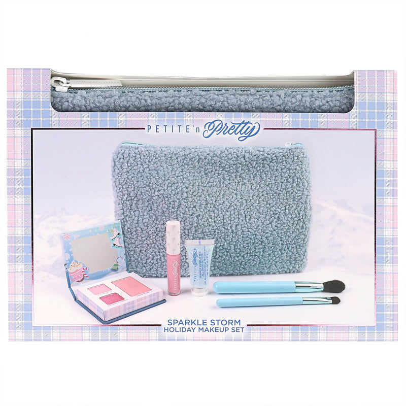 [Australia] - Petite 'n Pretty Sparkle Storm Makeup Gift Set for Kids, Tweens and Teens - Cool Vibes Eye & Cheek Palette, Brushes, 10K Shine Lip Gloss, Sparkly Ever After All Over Glitter in Blue Sherpa Bag 