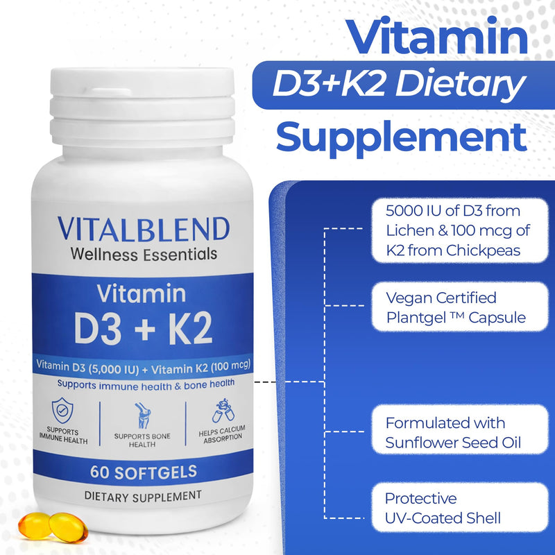 Vitamin D3 K2 Softgels, 5000 IU D3 with K2 MK-7, Bone & Heart Support Supplement – High Absorption Oil-Based Formula, Non-GMO, Sunflower Oil Softgels – 60 Count – 60 Day Supply