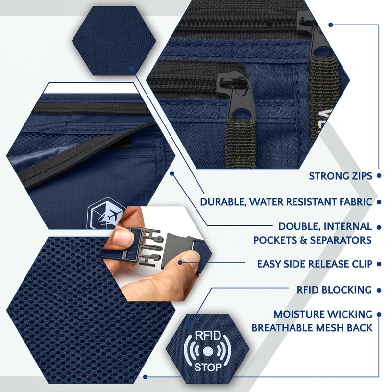 VENTURE 4TH Ultimate Travel Comfort Bundle: RFID Blocking Money Belt & Travel Blanket Pillow (Navy Money Belt & Navy-Teal Blanket/Pillow)