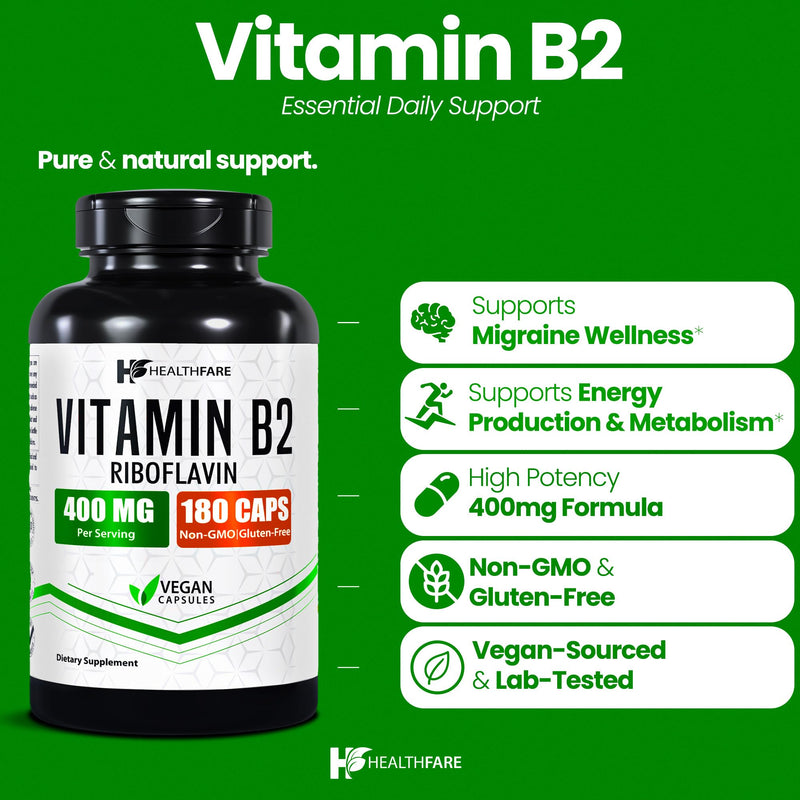 Healthfare Vitamin B2 Riboflavin 400mg | 180 Vegan Capsules | High Potency | Non-GMO | Gluten-Free | Made in USA 1