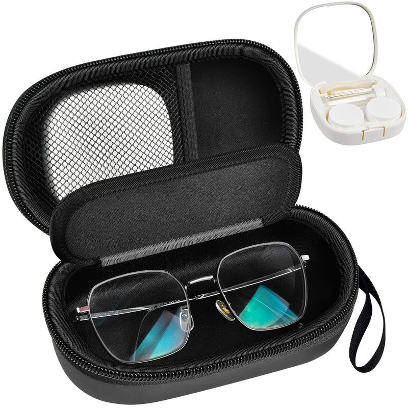 [Australia] - GWCASE Portable 2 in 1 Contact Lens Case and Glasses Case, Traveling Contact Cases Bag Box Holder with Soak Storage Kit Included Built-in Mirror, Tweezer, Lens Solution Bottle and Hand Strap-Black Black 