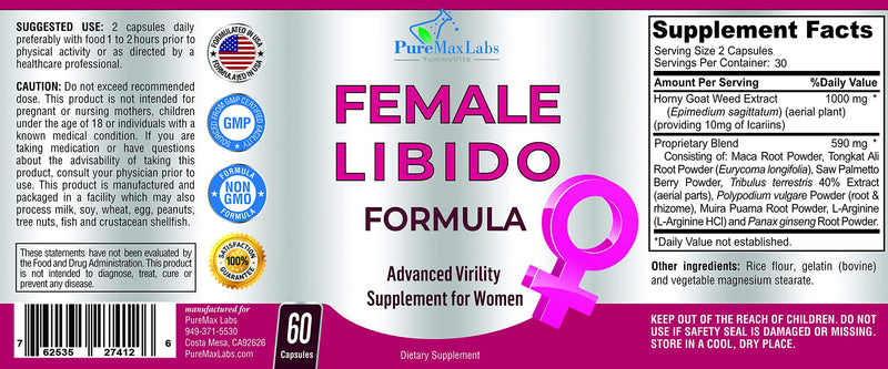 [Australia] - Female Libido Formula, Advanced Virility Supplement for Women with Epimedium Horny Goat Weed, Maca, Tribulus, Ginseng for Desire, Energy, Non-GMO, 60 Capsules 