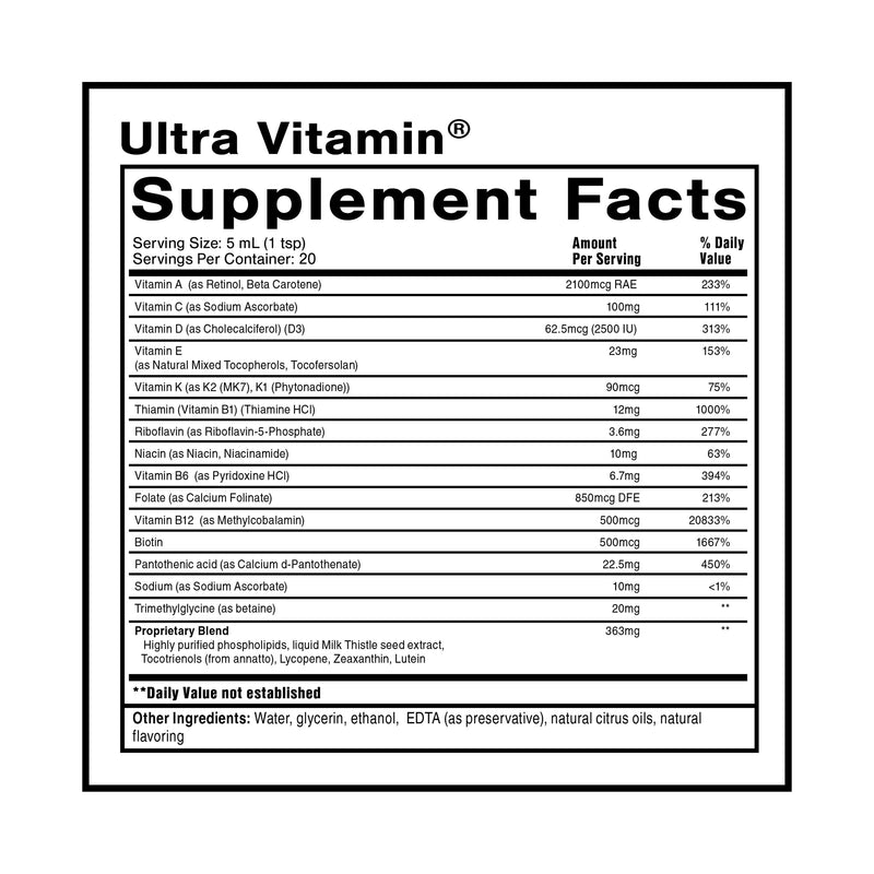 Quicksilver Scientific Liposomal Ultra Vitamin, E and K, Vitamin C, 100ml | Liquid Multivitamin, Antioxidant Supplement for Energy, Liver Health and Brain Support, Vitamin C, E, K, Liposomal Absorption 3.38 Fl Oz (Pack of 1)