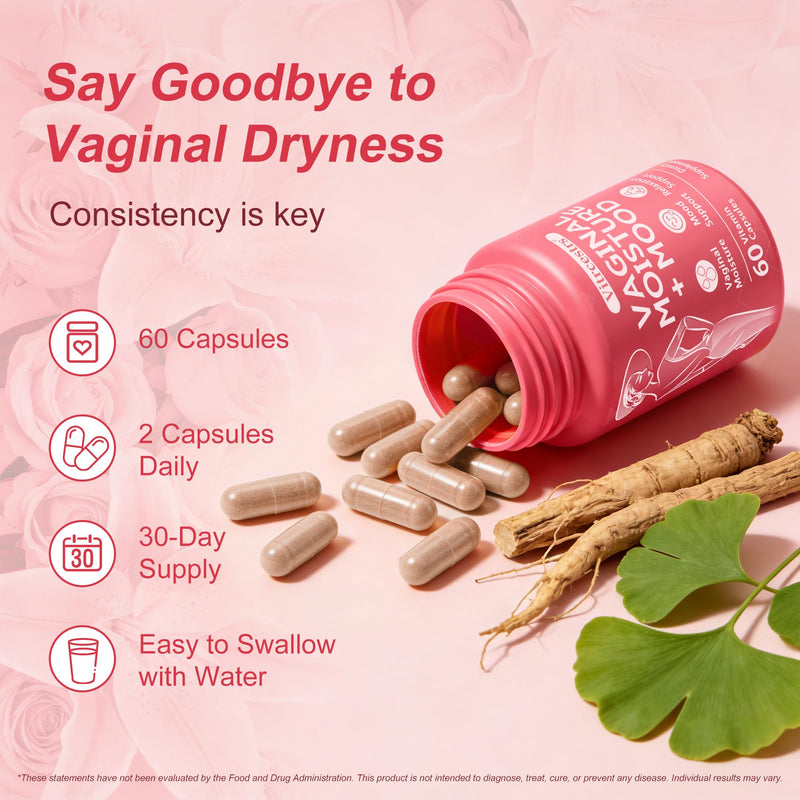 Vaginal Moisture Support Capsules, Support Vaginal Moisture, Mood & Relaxation for Women, Feminine Health Supplement for Vaginal Dryness with Ashwagandha, GABA, Ginkgo Biloba, Mucuna Pruriens, 60 Caps