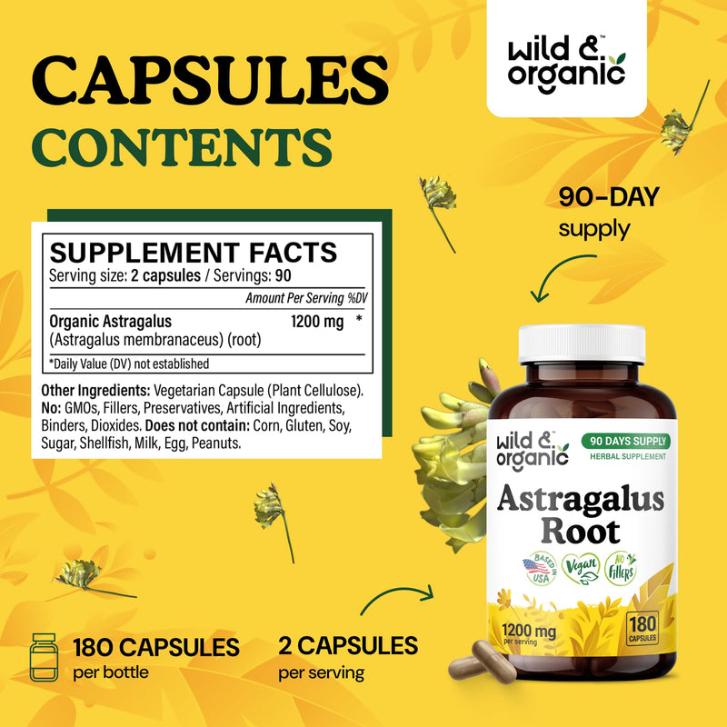 [Australia] - Wild & Organic Astragalus Capsules 1200 mg - Immune Support - Astragalus Root Powder Supplement - 90 Days of Supply - Vegan, No Fillers, Non-GMO - 180 Count 