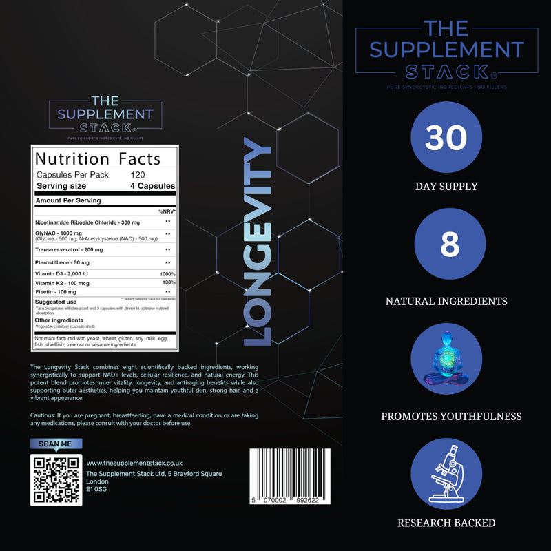Longevity - Anti-Aging NAD+ Supplement with Nicotinamide Riboside, Glycine, NAC, Trans-Resveratrol, Pterostilbene, Fisetin & Vitamin D3/K2 for Cellular Health, Energy, and Vitality – Premium Formula