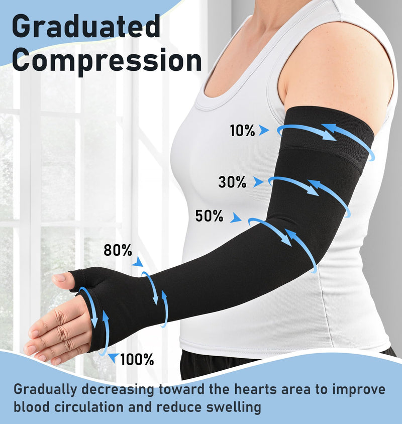 [Australia] - KEKING Lymphedema Medical Compression Arm Sleeve with Gauntlet, 15-20 mmHg Graduated Compression Full Arm Support for Women Men (Single), Long Pressure Arm Hand Brace for Arthritis, Bursitis, Edema Large Black (Single) 