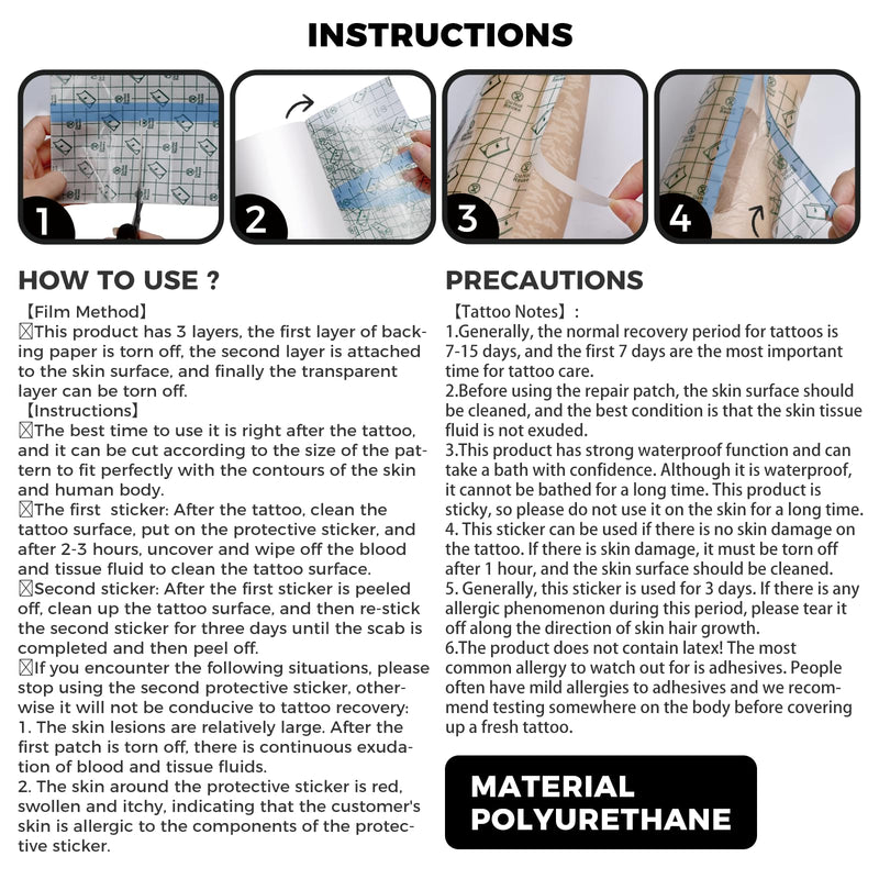 [Australia] - Tattoo Aftercare Waterproof Bandages, 6" x 4.4 Yard Tattoo Cover Up Tape, Tattoo Supplies Second Skin Transparent Film Healing Protective Clear Sterile and Safe Bandages 4 Rolls (6" x 1.1 Yard/Roll) 
