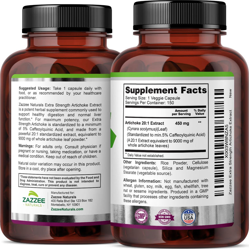 [Australia] - Zazzee Extra Strength Artichoke 20:1 Extract, 9000 mg Strength, 5% Caffeoylquinic Acid, 150 Vegan Capsules, 5 Month Supply, Concentrated and Standardized 20X Extract, Non-GMO and All-Natural 