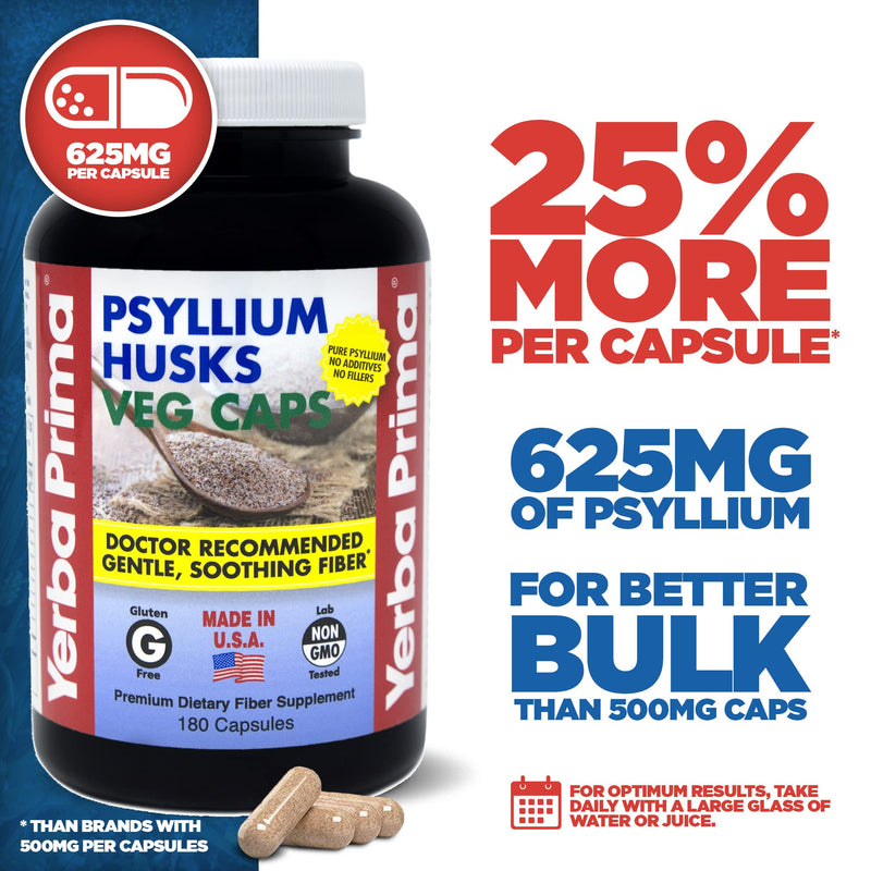 [Australia] - Yerba Prima Psyllium Husks, 180 Veg Capsules (625mg) - Vegan, Non-GMO, Gluten Free, Colon Cleanser, Daily Fiber Supplement for Gut Health & Regularity 180 Count (Pack of 1) 