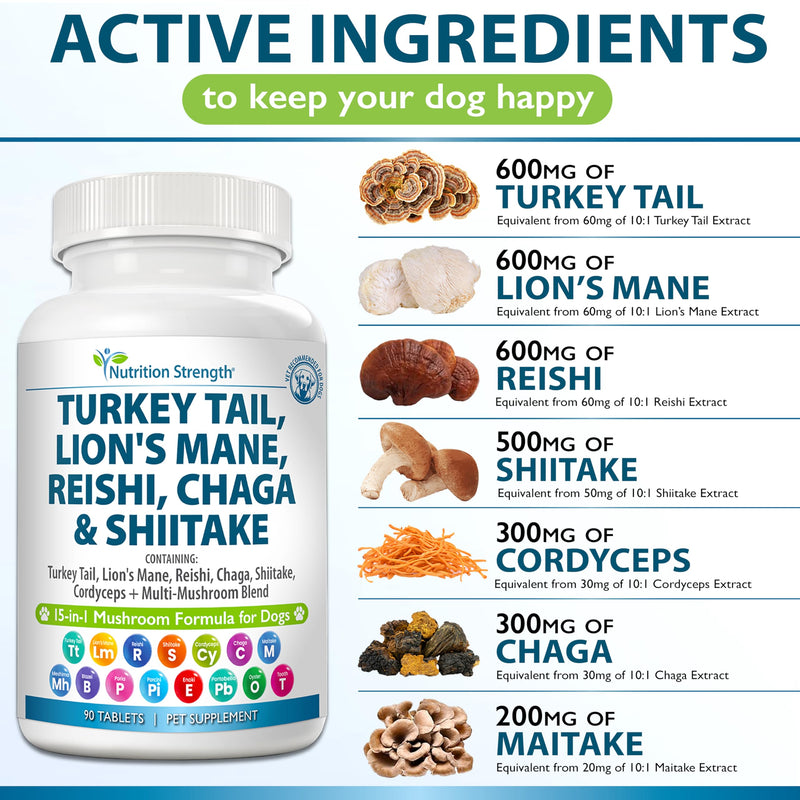 15-in-1 Mushrooms for Dogs Turkey Tail 600mg Lion's Mane 600mg Reishi 600mg Shiitake 500mg Cordyceps 300mg Chaga 300mg Maitake 200mg Meshima Blazei Poria Enoki Portobello 90 Tablets - PawsPlanet Australia