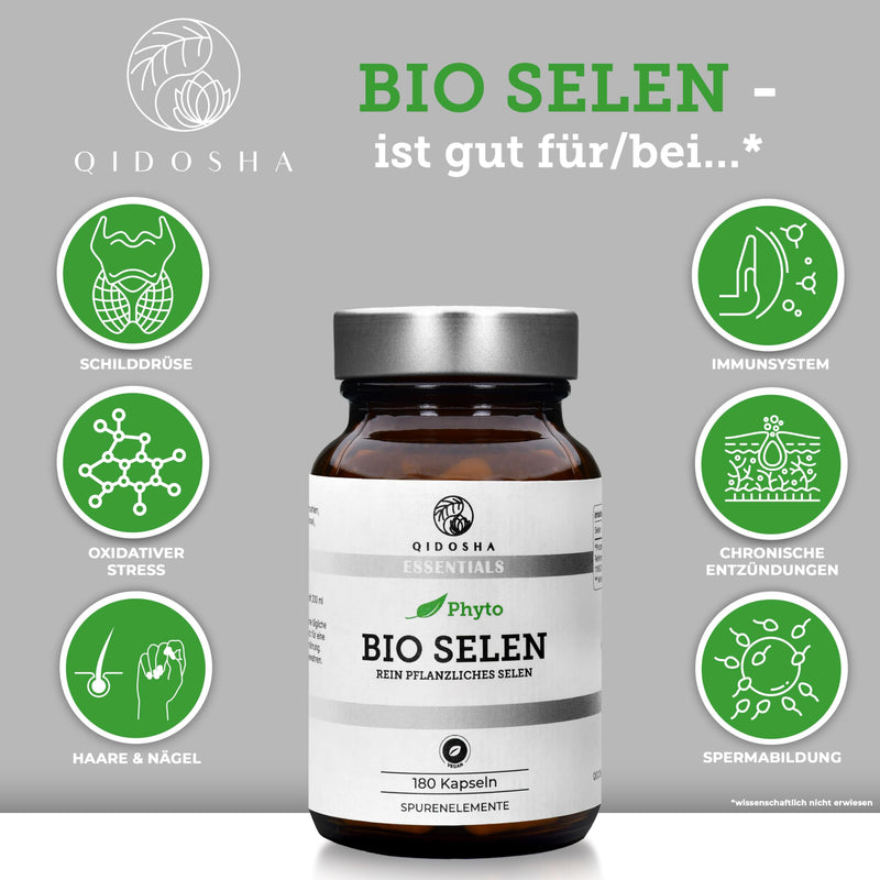 [Australia] - QIDOSHA® organic selenium high dose, 180 capsules, 55 mcg (100% NRV) vegetable selenium per capsule made from organic Indian basil and organic sunflower seeds, selenium methionine, supplemented with organic acacia fiber 