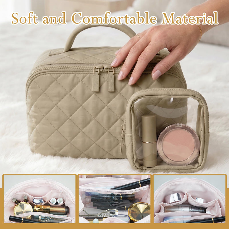 Women Cotton Cosmetic Bag,2PCS/Set Travel Makeup Bag, Large Capacity Cosmetic Bags for Women, Portable Open Flat Toiletry Bags,Makeup Organizer Bag with PVC Mini Wallet Purse, (Khaki) Khaki