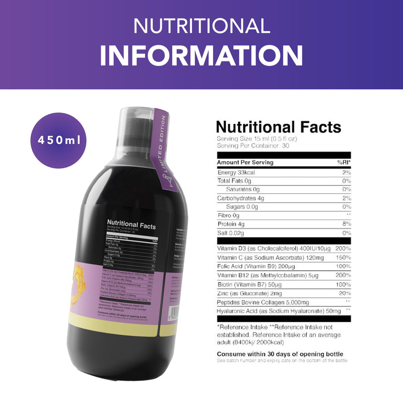 Reverse Life - Limited Edition Passionfruit Martini Hair Booster - 5,000mg Hydrolysed Collagen with Biotin, Zinc, Vitamin C and B12-30-Day Dose - Collagen Supplements - 450ml 30 Day Supply