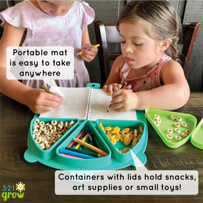 [Australia] - Silicone On-The-Go Snack Mat ‚Äì Foldable Reusable Placemat with 3 Compartments and Lids ‚Äì Travel-Friendly Baby and Toddler Snack Plate ‚Äì Dishwasher Safe (Aqua) Aqua 
