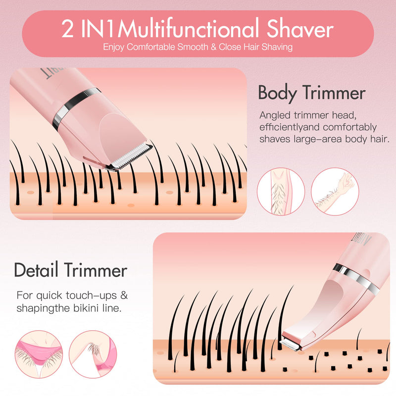 Electric Bikini Trimmer for Women - 2 in 1 Electric Lady Pubic Hair Groomer Painless Hair Removal Razor Body Shaver, Portable Ladies Shaver with 2 Trimmer Heads, IPX7 Waterproof Pink-2
