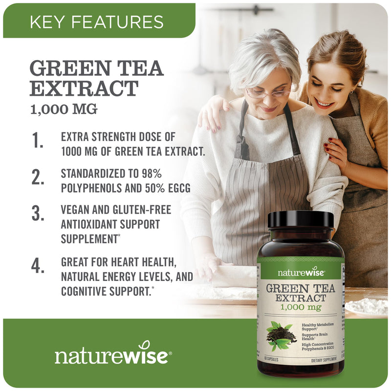 [Australia] - NatureWise Green Tea Extract Capsules 1000 mg - 50% EGCG & 98% Polyphenols - Extra Strength Antioxidants for Heart Health and Energy - Vegan, Gluten Free, Non-GMO - 60 Capsules[1-Month Supply] 60 Count (Pack of 1) 