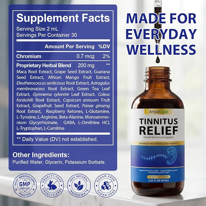 Green Hills Tinnitus Relief for Ringing Ears, Natural Ingredients Tinnitus Ear Ringing Relief, Effectively Reduce Ear Noise & Improve Hearing for Men & Women Blue 60 ML