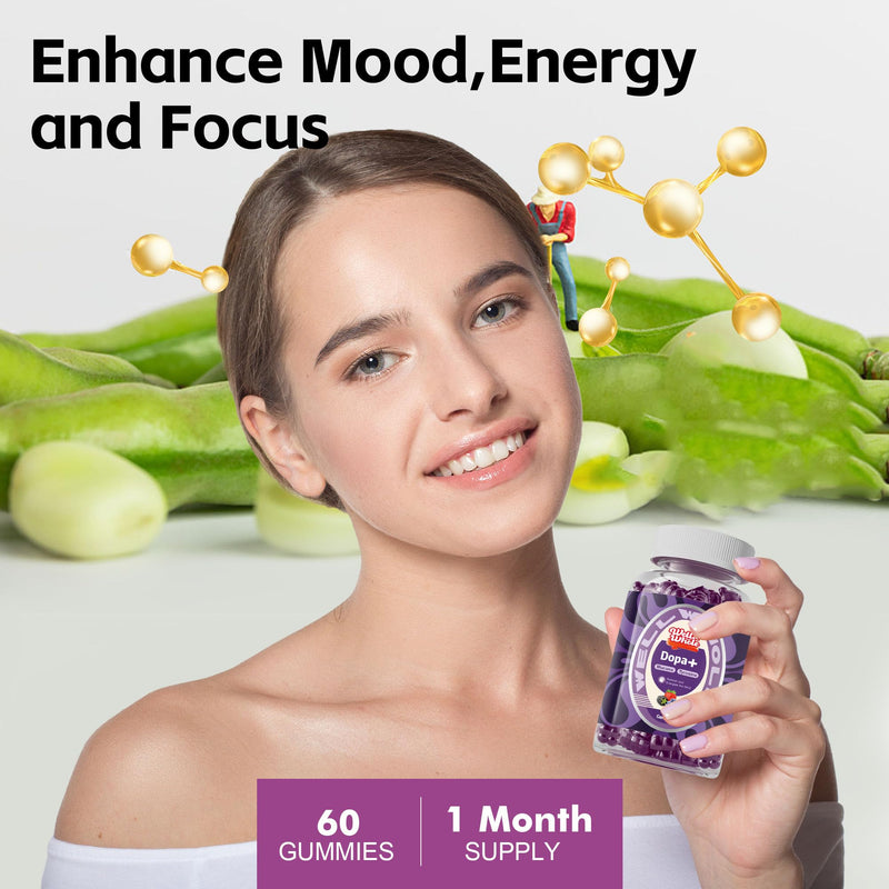 [Australia] - Well&Whole Dopamine Gummies - Mucuna Pruriens Supplements Gummies 500mg with L-Tyrosine 200mg & Ashwagandh, Mood & Focus Support, Berry Flavor, Non-GMO, Gluten-Free, 60cts 