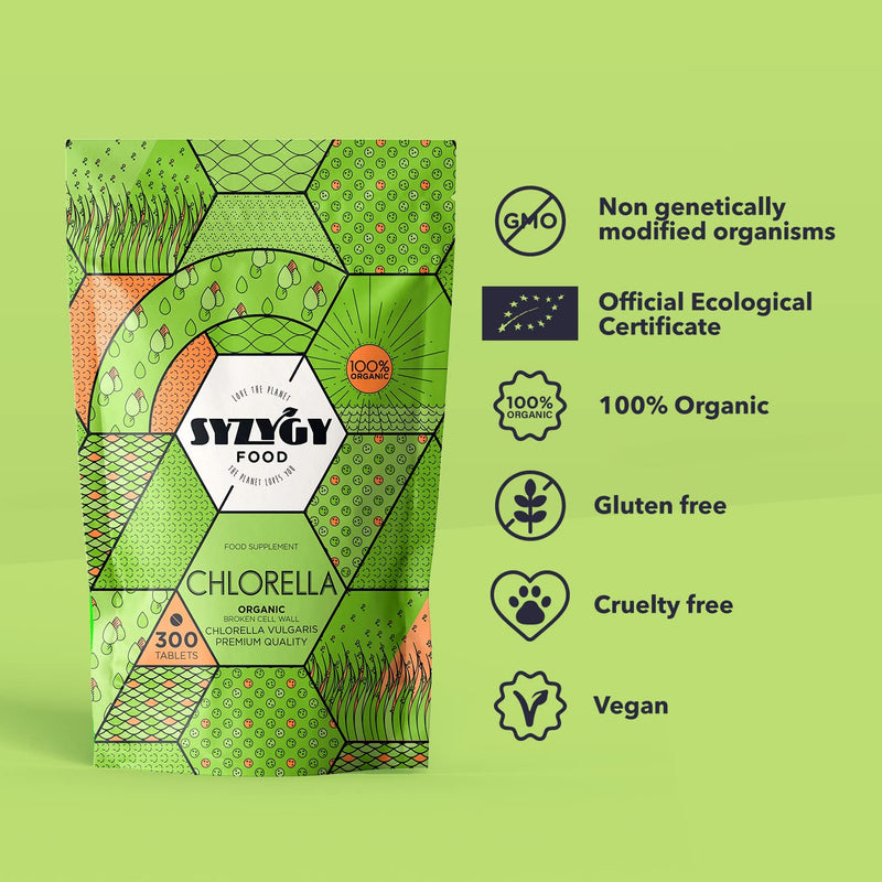Organic Chlorella Tablets - 300x500mg - Broken Cell Wall - Vegan, Natural Source of Protein - Detox, Vegetable Protein, Satiating - B12, Vitamins, Minerals
