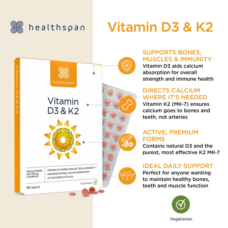 Healthspan Vitamin D3 & K2 | 60 Tablets | for Immune, Bone & Blood Health | 100ug Vitamin D3 & 100ug Vitamin K2 | Optimal Calcium Absorption and delivery | Pure, Active Form MK-7 | Vegetarian
