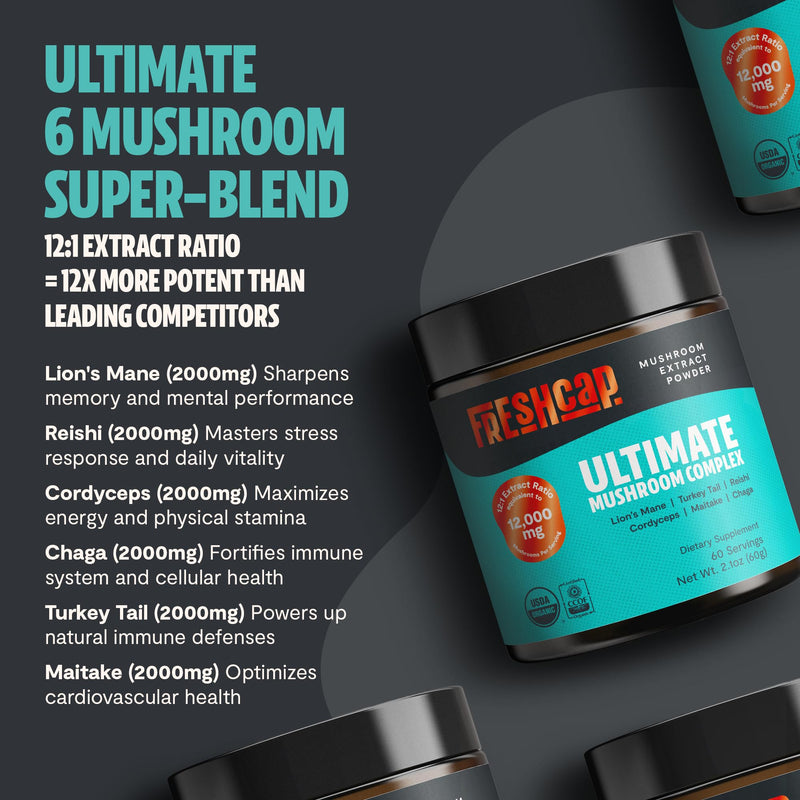 [Australia] - FreshCap Mushrooms Ultimate Mushroom Supplement Powder 12,000mg - Nootropic Organic Mushroom Complex for Focus & Memory, Brain Support Supplement, Ayurveda Mushroom Powder Extract (60 Servings) 