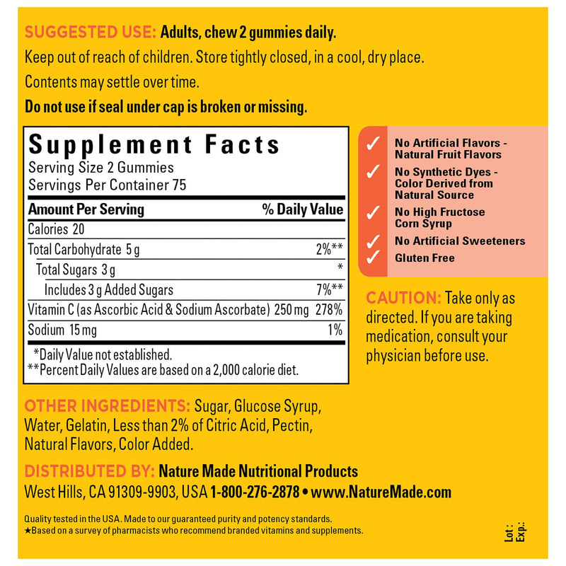 [Australia] - Nature Made Vitamin C 250 mg per serving, Dietary Supplement for Immune Support, 150 Gummies, 75 Day Supply Tangerine 150 Count (Pack of 1) 