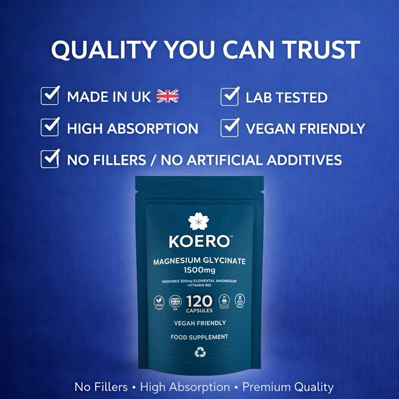 KOERO Magnesium Glycinate 1500mg (300mg Elemental) + Vitamin B6 – High Absorption Chelated Magnesium Capsules – Supports Sleep & Relaxation – 120 Capsules – UK Made