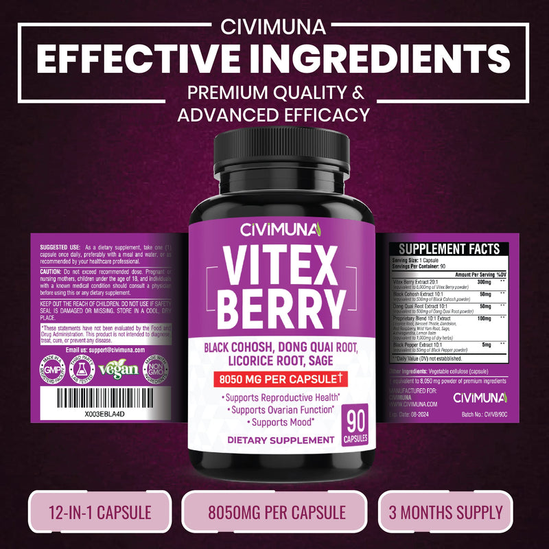 [Australia] - Vitex Berry Extract Capsules | 8050mg | 90 Capsules - 3 Months Supply | Vitex Berry, Black Cohosh Root, Dong Quai Root 
