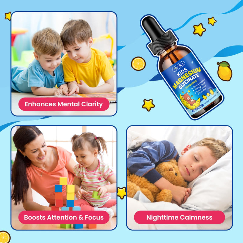 2 Pack Kids Magnesium Glycinate Liquid Drops with L-Theanine Omega-3, Vitamin B6, D3, Zinc - Magnesium Drops for Kids Strawberry & Lemon Flavor