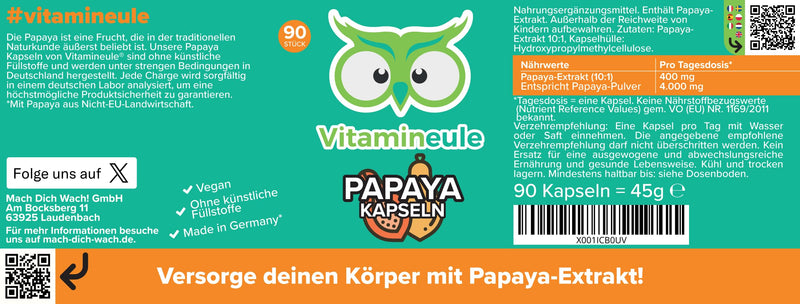 [Australia] - Papaya capsules - high dosage - 400 mg extract (10:1) - high proportion of enzymes & papain - quality from Germany - no additives - vegan - laboratory tested - Vitamineule® 