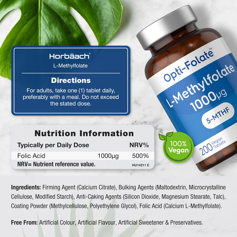 L-Methylfolate 5-MTHF 1000mcg | 200 Vegan Tablets (6+ Months Supply) | Active Form of Folic Acid | by Opti-Folate