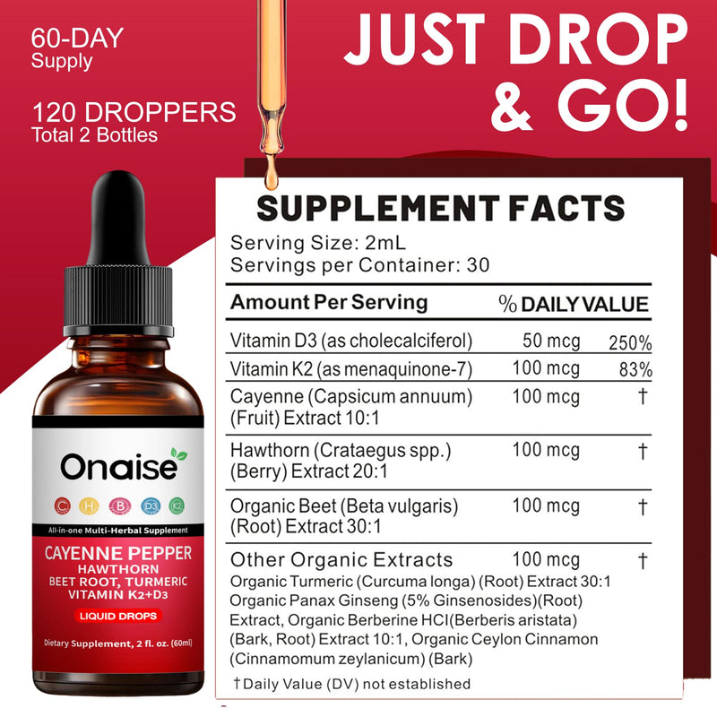 [Australia] - Cayenne Pepper Drops,2 Pack Cayenne Supplement with Hawthorn Berry, Vitamin D3 K2 Beet Root Powder, Ceylon Cinnamon, Turmeric Curcumin, Organic Panax Ginseng, Berberine Extract 