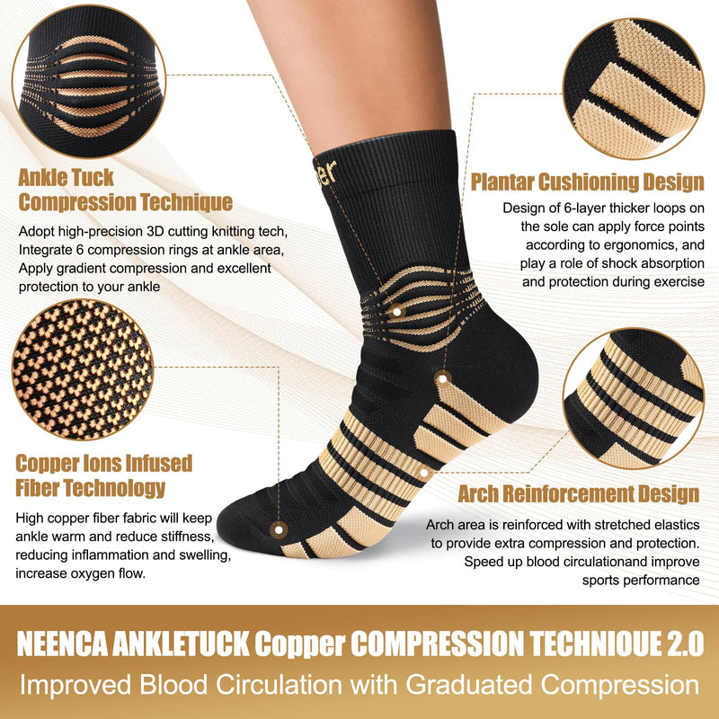 [Australia] - NEENCA Professional Copper Compression Socks, Medical Ankle Support Socks for Injuries Recovery & Pain Relief, Women & Men Circulation, Swelling, Runner, Travel, Pregnancy, Flying‚Äî1 Pair, 20-30 mmHg Large High Copper 