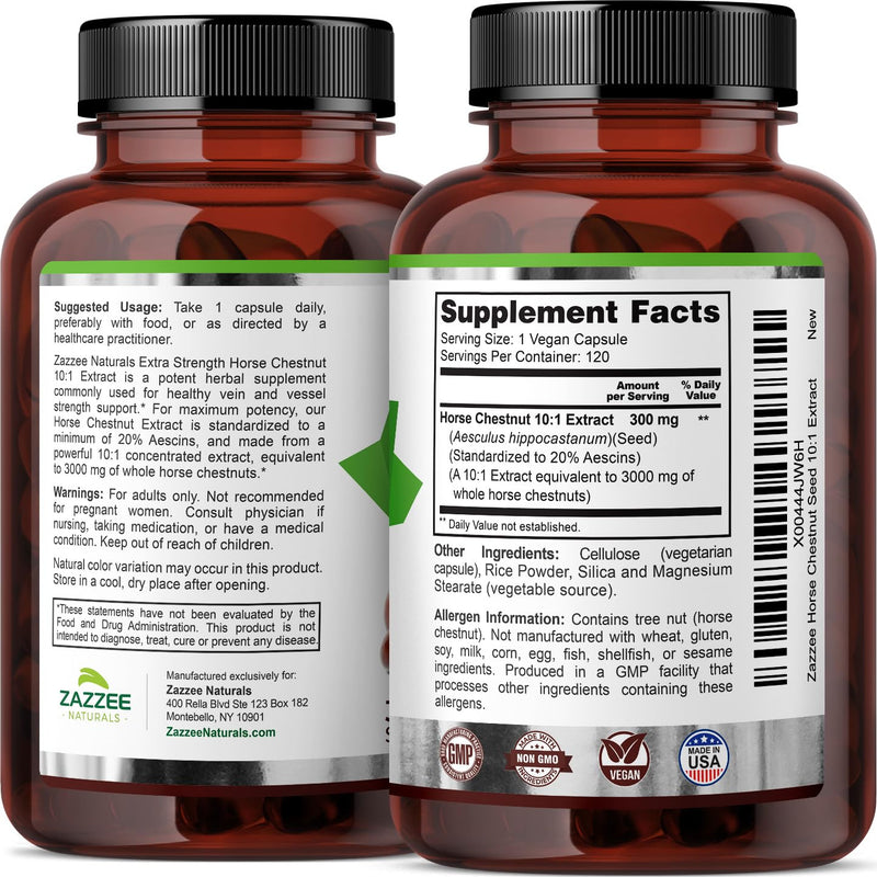 Zazzee Extra Strength Horse Chestnut 10:1 Extract, 3000 mg Strength, 20% Aescins, 4 Month Supply, 120 Vegan Capsules, Concentrated and Standardized 10X Extract, All-Natural, Non-GMO, Made in The USA - PawsPlanet Australia