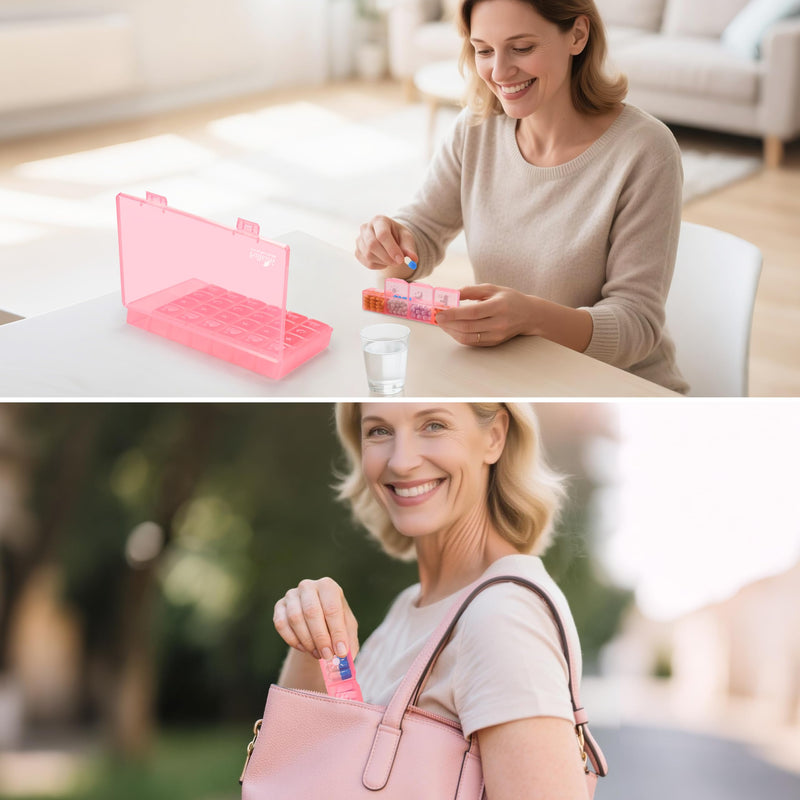 Fullicon Large Pill Organizer 4 Times a Day, 7 Day Pill Box, Pink | Each Compartment Holds 12 Fish Oils or 13 Vitamins, Clear Daily Icons, Durable Printing, Easy Open, Secure Snap Lids