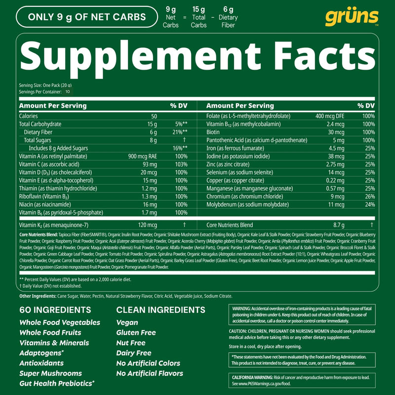 Adult Greens Gummies & Daily Multivitamin, Prebiotic Fiber, 10 ct | Daily Supplement for Men and Women with Vitamins, Minerals, Adaptogens, and Fiber 10 Count (Pack of 1)