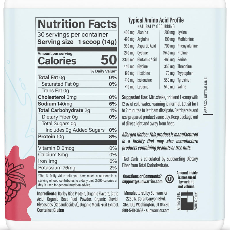 [Australia] - Sunwarrior Clear Protein Powder Plant-Based Water Mix, Vegan and Refreshing Protein and Hydration Supplement 10g Per Serving Raspberry Flavored 420g Tub 30 Servings 