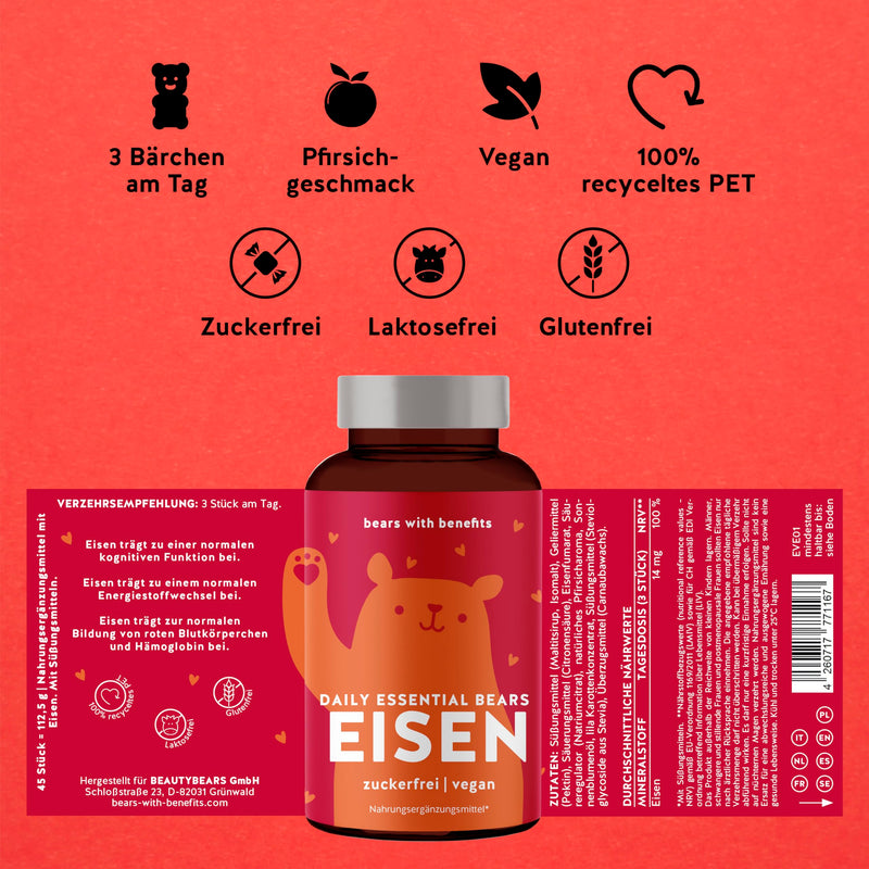 [Australia] - Iron gummy bears - powerhouse against iron deficiency - 14mg per dose - 45 pieces - for cognitive energy and a strong immune system - vegan-sugar-free vitamin gummies - Bears with Benefits 