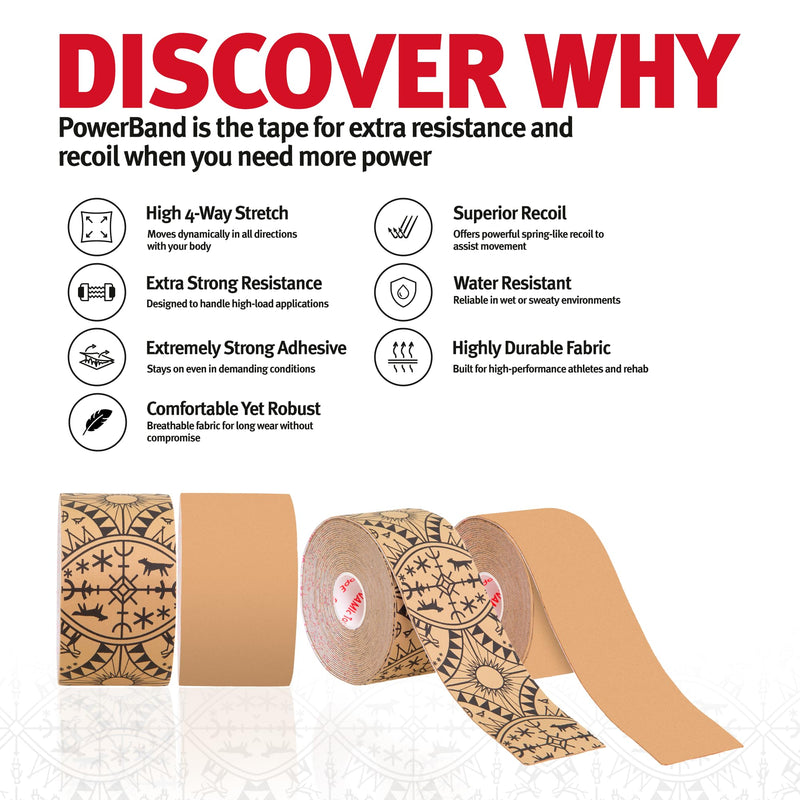 Dynamic Tape Powerband® | Ultimate Resistance & Recoil Biomechanical Support Tape | 4-Way Stretch | Latex-Free, Water-Resistant Adhesive | Plain Tan - 2"