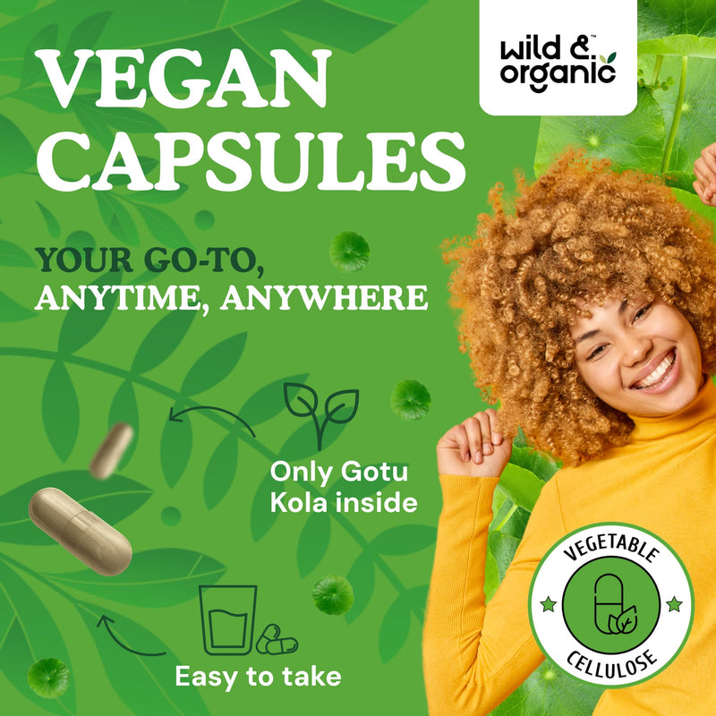 [Australia] - Wild & Organic Gotu Kola Capsules 600 mg - Brain & Focus Support - Gotu Kola Powder Supplement - Centella Asiatica Extract - 60 Days of Supply - Vegan, No Fillers, Non-GMO - 60 Count 