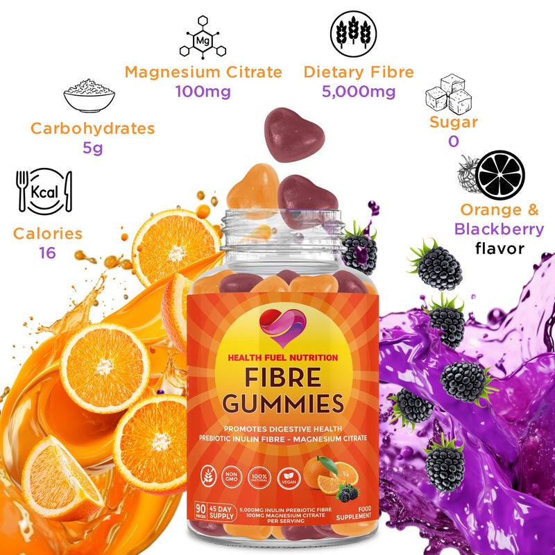 Inulin Fibre Gummies - (90 per Bottle - 45 Day Supply) 5,000mg Inulin 100mg Magnesium Citrate Per Serving - Fiber Gummies - Fibre Supplement - Fiber Supplement - Gut Health