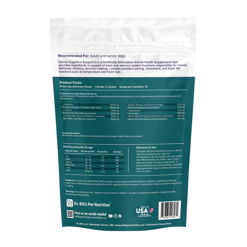 Dr. Bill’s Canine Cognitive Support | Memory Support Supplement Multivitamin for Dogs | Contains Gingko Biloba, L-Carnosine, Vitamin B-12, L-Glutamine, L-Tyrosine, and DHA for Adult and Senior Dog - PawsPlanet Australia