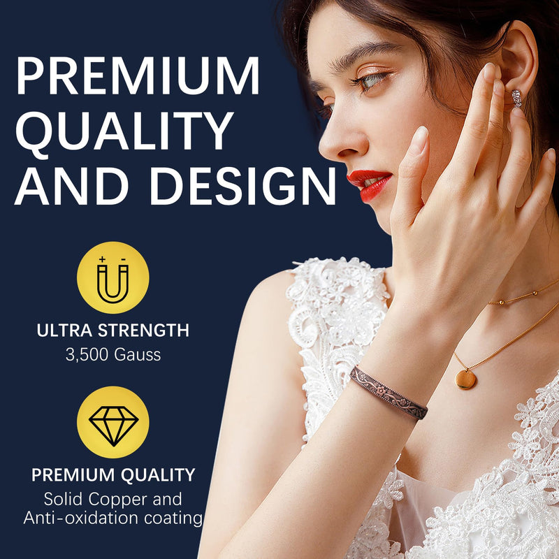 [Australia] - 2Pcs Magnetic Copper Bracelets for Women, Vintage Flower 99.99% Pure Copper Bracelets with 3500 Gauss Magnets, Adjustable Cuff Jewelry with Gift Box 