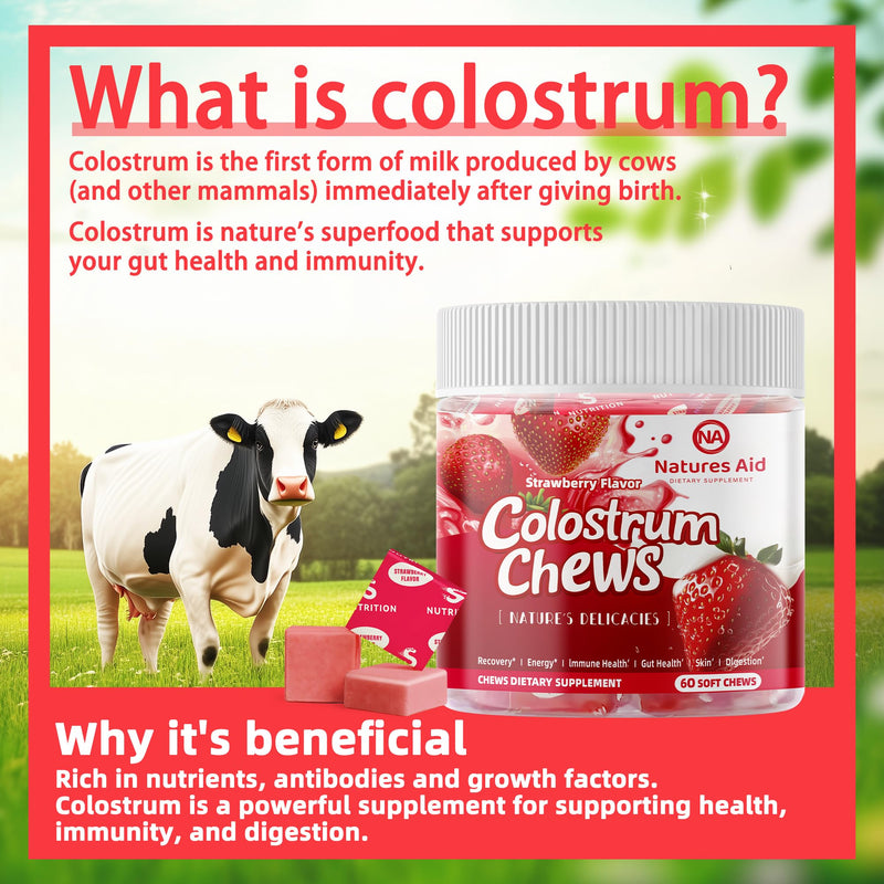[Australia] - Colostrum Chews Supplement with probiotics for Gut Health, Bloating, Immune Support, Skin, Hair Growth and Beauty - Strawberry Flavor (60 Servings) 60 Count (Pack of 1) 