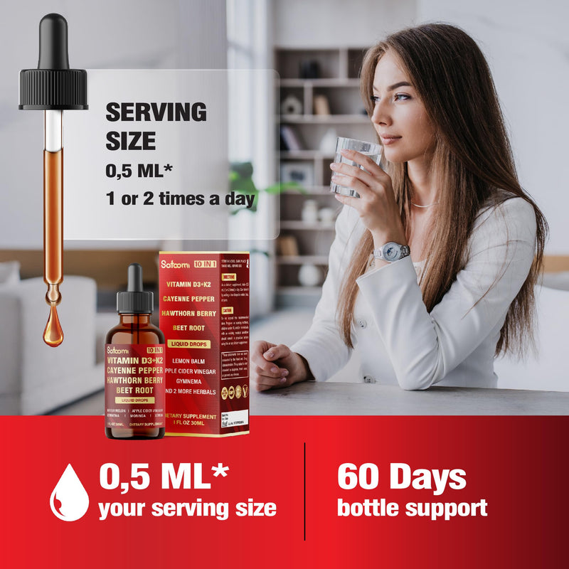 Satoomi 10in1 Cayenne Pepper Liquid Drops with Vitamin D3, Vitamin K2, Hawthorn Berry, Beet Root, Lemon, Apple Cider Vinegar, Gymnema, Moringa, Bitter Melon - Digestion Support - 30ml - 60 Day Supply