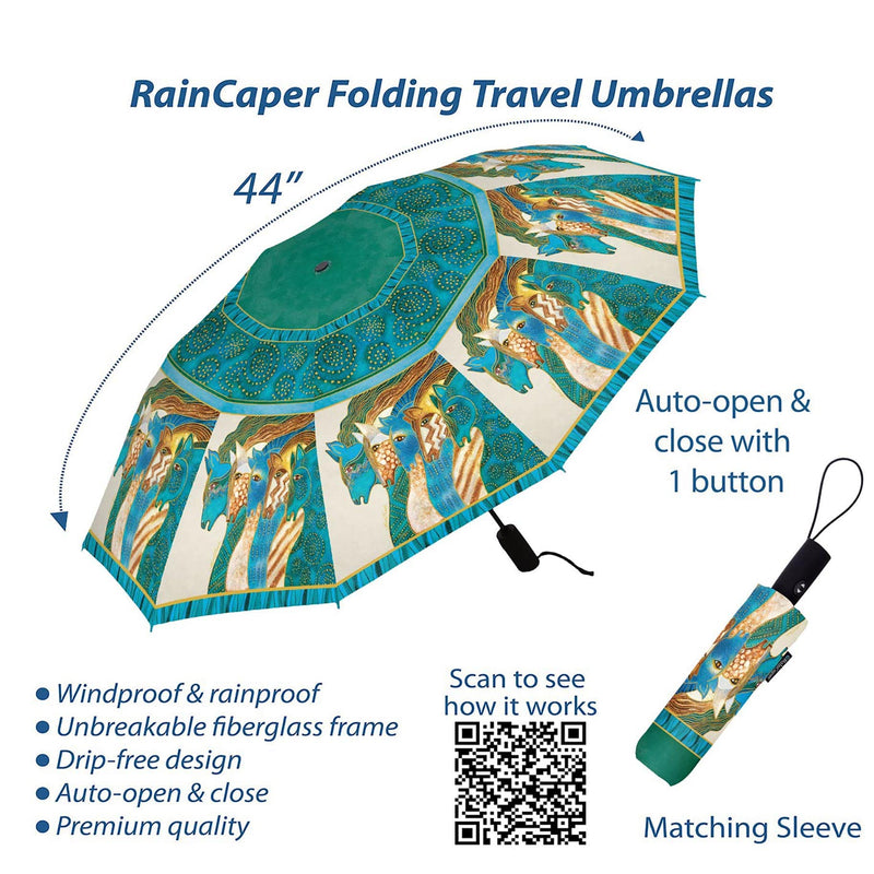 Laurel Burch Windproof Auto Open Close 43” Coverage Folding Travel Umbrella with Matching Sleeve Laurel Burch Sky Mares