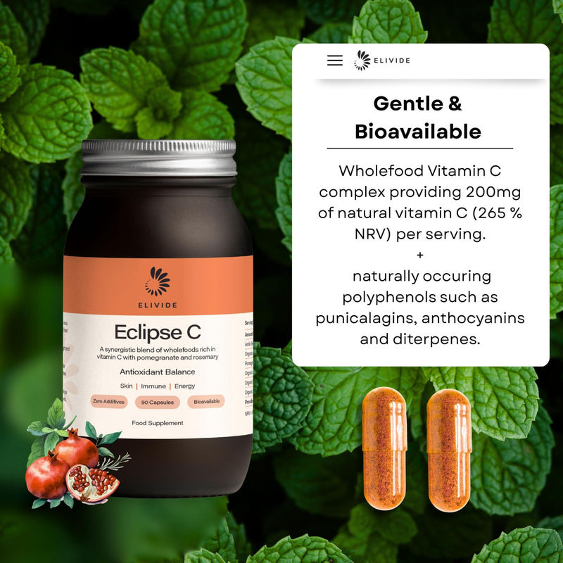Eclipse Wholefood Vitamin C | with Wholefruit Pomegranate | 100% Additive Free | Natural & Rich in Bioflavanoids | 90 Capsules | UK Made | Immune & Skin Support | Glass Jar